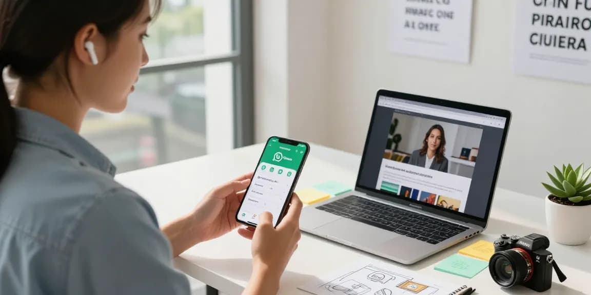WhatsApp下載 in a modern workspace, professional downloading the app on a smartphone.
