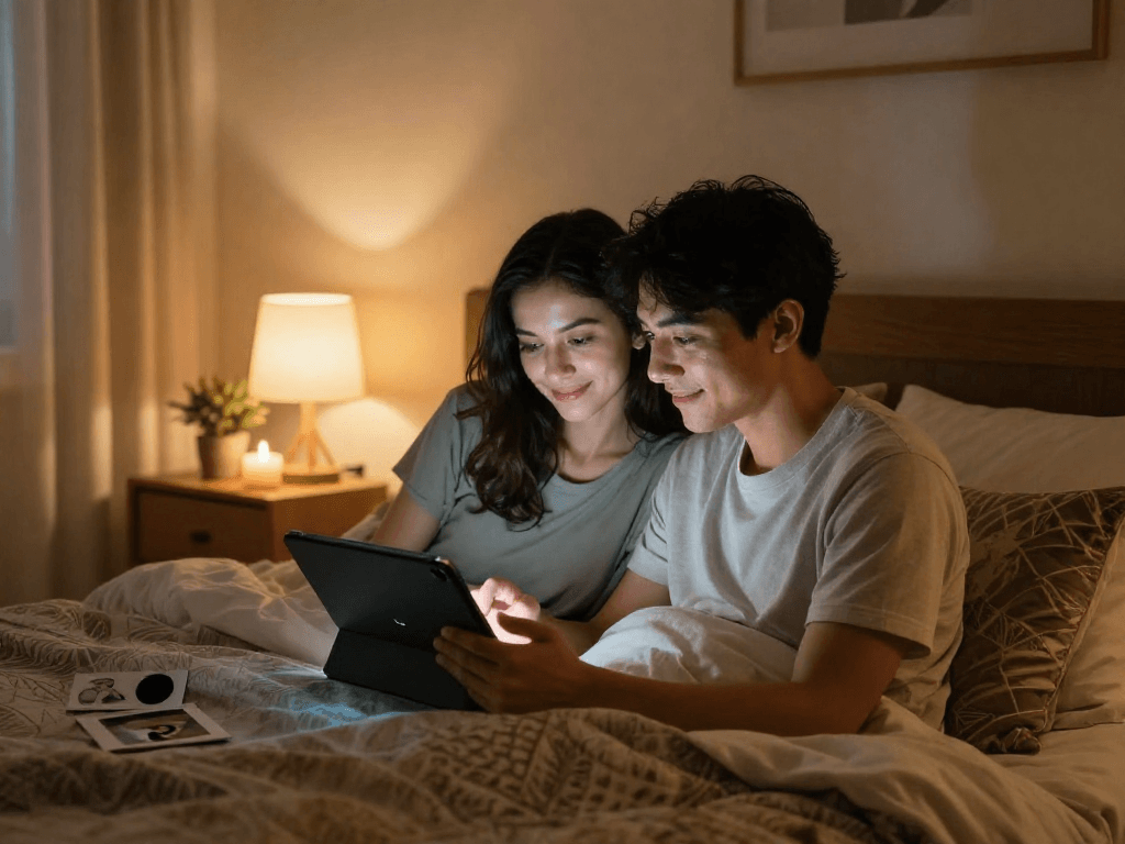 Couple exploring AI sex tools together in a cozy bedroom setting