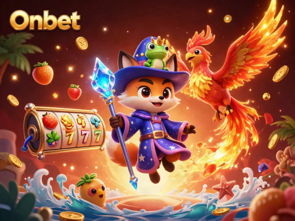 Onbet casino scene featuring a wizard fox, phoenix, and slot machine elements.
