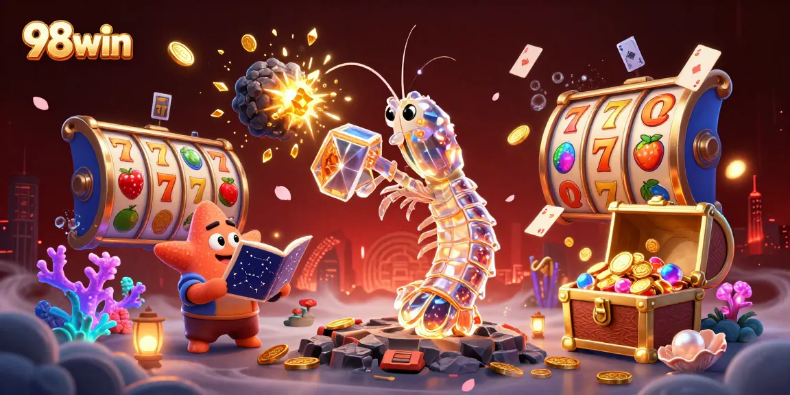 Engage with 98win as the galactic samurai mantis shrimp bursts through an asteroid, revealing golden gems and slot reels amidst an underwater treasure trove.