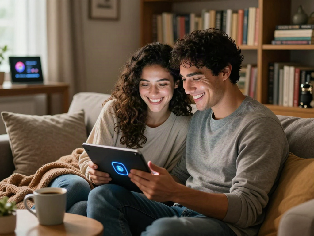 Couple exploring AI companionship app for enhanced intimacy and connection in a cozy living room.