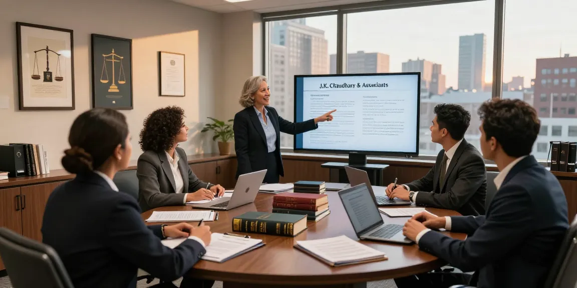 Visit this site for expert legal advice at J.K. Chaudhary & Associates, showcasing a professional meeting with clients in a modern law office.