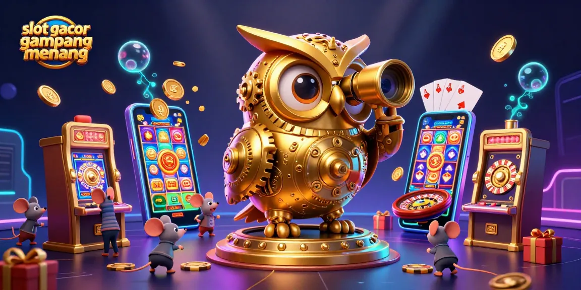 Experience slot gacor gampang menang with a cartoon-themed casino scene featuring an owl and mice amidst vibrant game elements.
