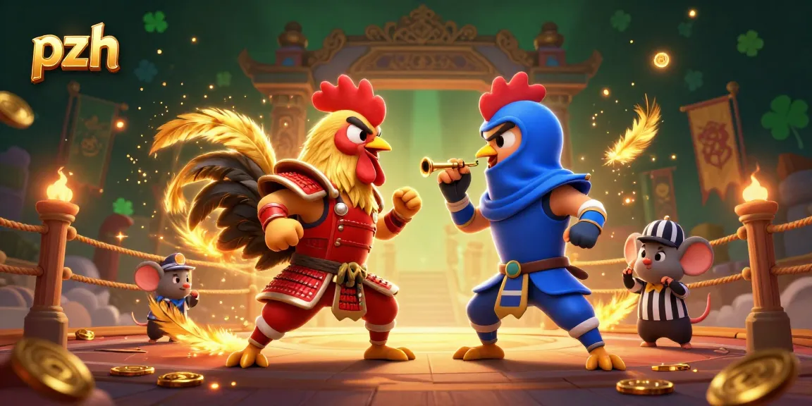 Engage in thrilling pzh action with dynamic roosters facing off amidst golden feathers in a captivating casino atmosphere.
