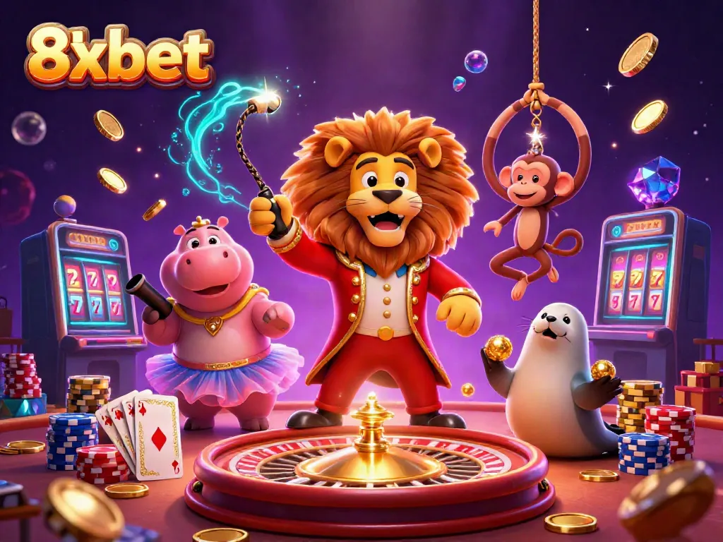 8xbet online casino scene featuring a vibrant 3D ringmaster lion and lively characters amidst scattering gold coins and rich games.