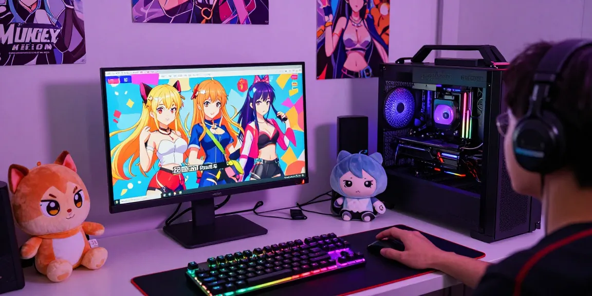 Engaging scene of a player immersed in femboy hentai games on a vibrant gaming setup with colorful lighting and character designs.