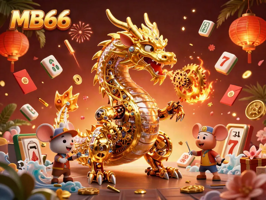 Experience the thrilling world of MB66 casino with a golden dragon, festive elements, and epic gaming visuals.