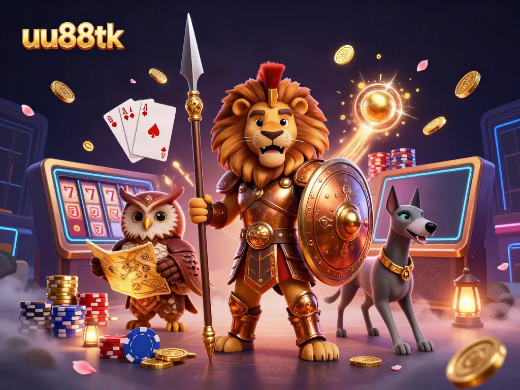 Experience the excitement of uu88tk with a heroic 3D lion and casino elements.