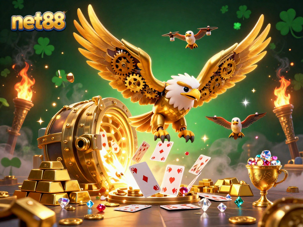 Experience fortune with net88 as a cybernetic eagle navigates through vibrant casino cards.