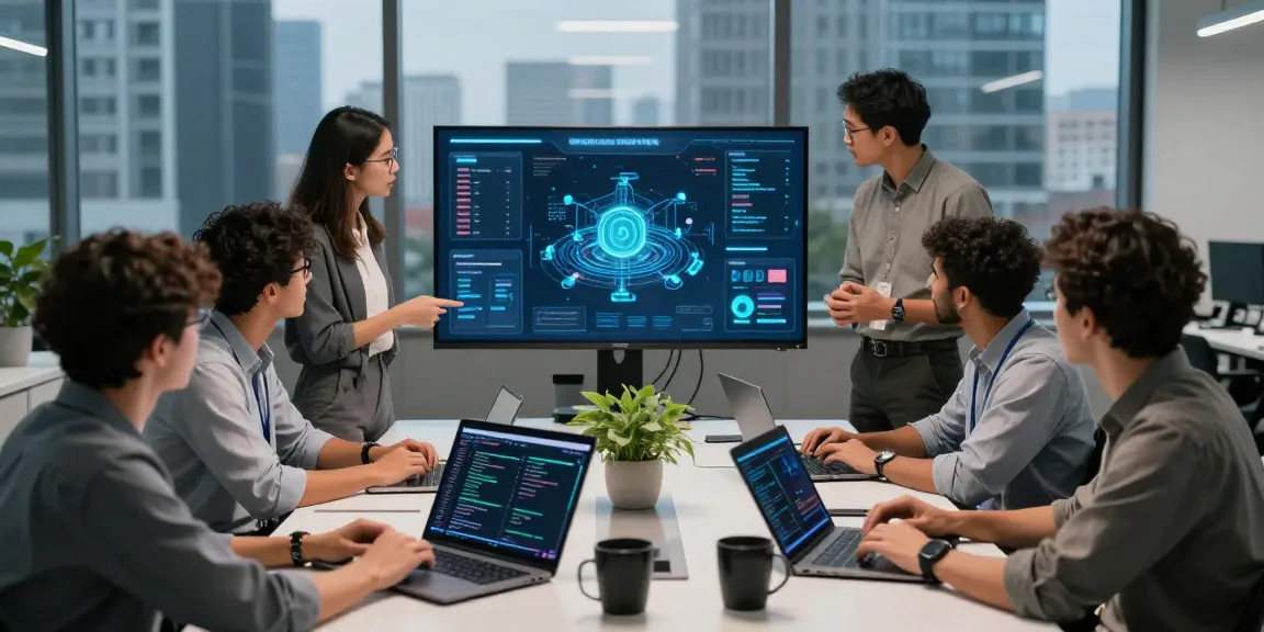 Dynamic blockchain 2026 innovation workspace with professionals collaborating on digital assets.
