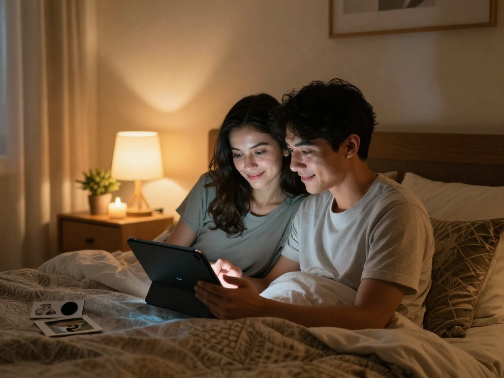 Couple exploring AI sex tools together in a cozy bedroom setting