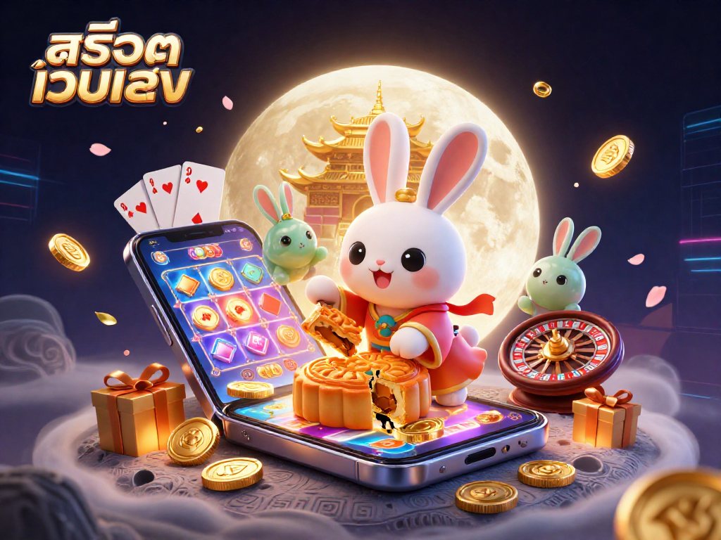 Engage with สล็อตเว็บตรง through a vibrant 3D illustration of moon rabbits and casino elements.