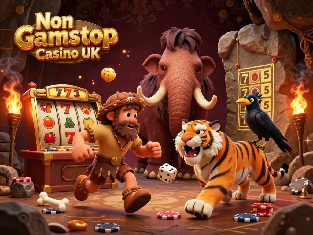 Experience the excitement of the Non Gamstop Casino UK with a prehistoric theme featuring characters and dynamic casino elements.