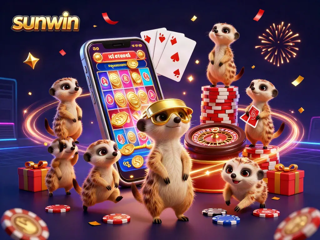 Experience thrilling excitement at sunwin's vibrant casino world, featuring colorful slot games and energetic meerkat characters.