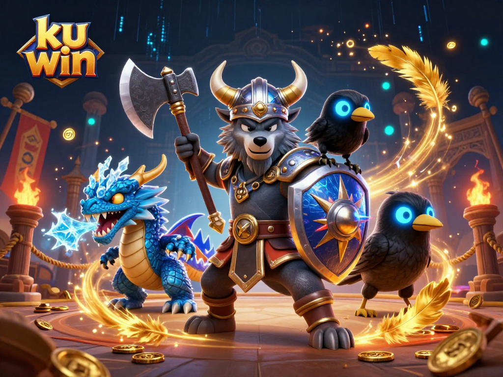 Engage with ku win casino adventures featuring a Viking wolf, ice dragon, and treasure amidst vibrant gaming elements.