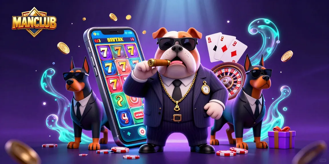 Experience thrilling wins at MANCLUB with a vibrant 3D casino scene filled with slots and games.