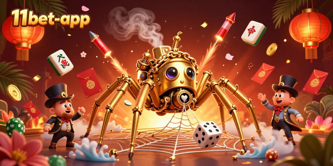 Play with luck at 11bet-app featuring a whimsical scene of a golden spider and charming characters.