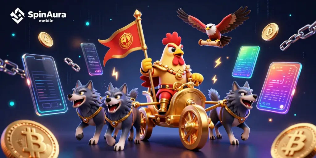 SpinAura mobile offers thrilling gameplay with a vibrant casino scene featuring dynamic characters and crypto elements.