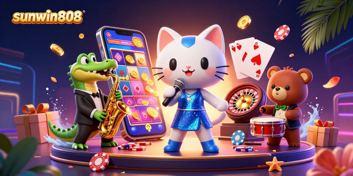 Capture exciting moments with sunwin808 through dynamic 3D casino scene featuring characters engaging with vibrant slot games.