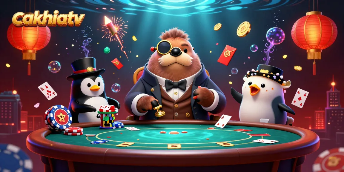 Cakhiatv showcases a jolly walrus playing poker underwater with vibrant casino elements and festive decorations.