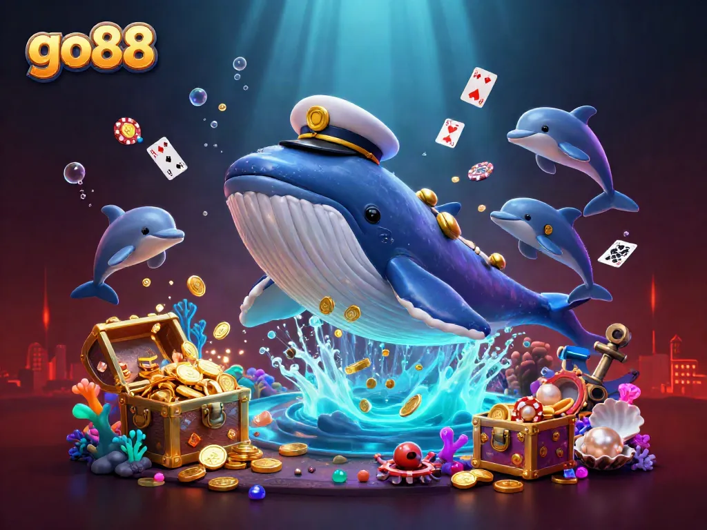 Experience the excitement of go88 with a whimsical underwater scene featuring a cartoon whale, narwhal, and playful dolphins amidst treasure and gaming elements.