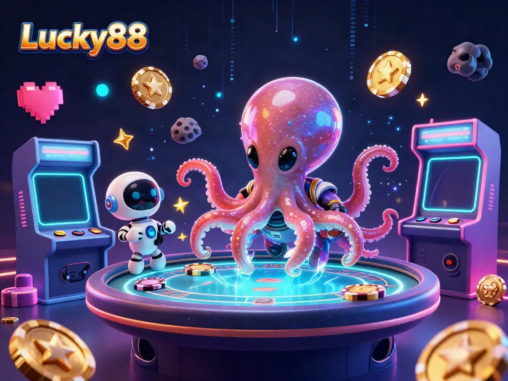Join the thrilling action with Lucky88, where an alien octopus operates a poker table amidst vibrant gaming elements.