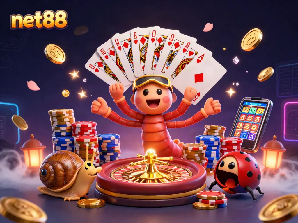 Experience dynamic gameplay with net88's vibrant casino scene featuring a cartoon dealer and high-roller.