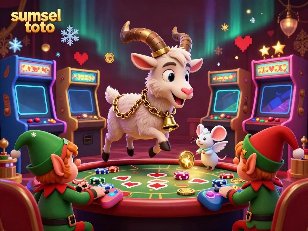 Experience sumsel toto's thrilling casino atmosphere with 3D Krampus and lively elf gremlins amidst arcade games.