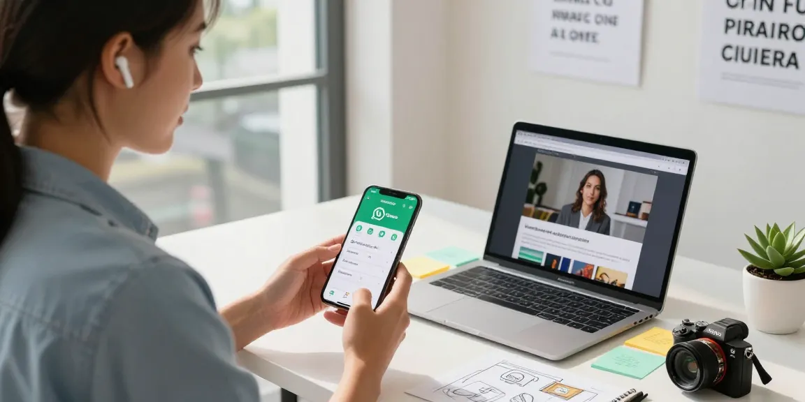 WhatsApp下載 in a modern workspace, professional downloading the app on a smartphone.