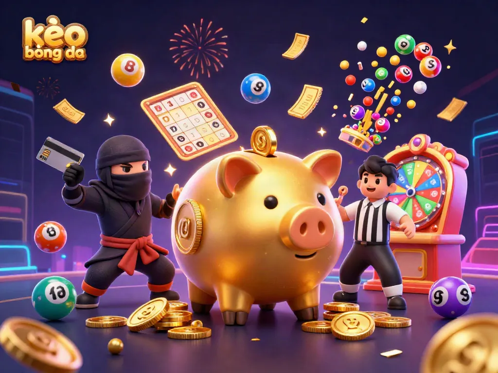 Dynamic scene displaying kèo bóng đá with a golden piggy bank sumo wrestler, a wallet-ninja, and a credit-card samurai surrounded by festive elements.