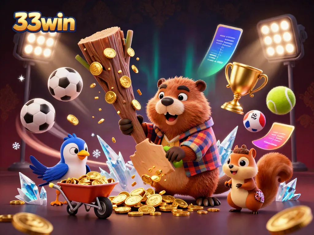 Engage with 33win casino's vibrant world of winnings as cartoon beaver and friends gather golden coins.