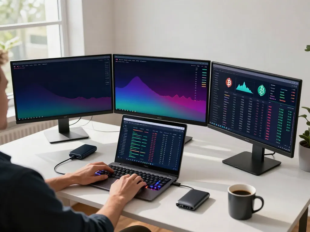 YouTube channel showcasing cryptocurrency trading and blockchain insight setup with multiple monitors and hardware wallets.