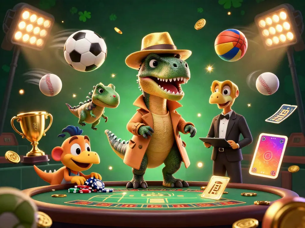 Watch a velociraptor card counter engage at a blackjack table in a lively da88 casino scene filled with sports elements.