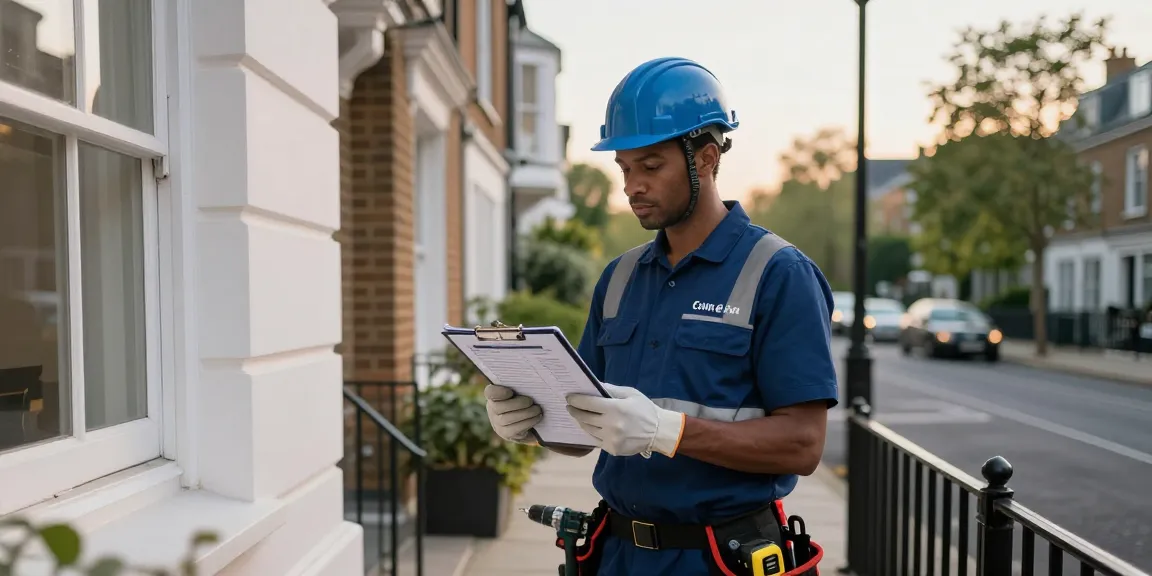 Scheduled maintenance in London being performed by a technician inspecting a property.
