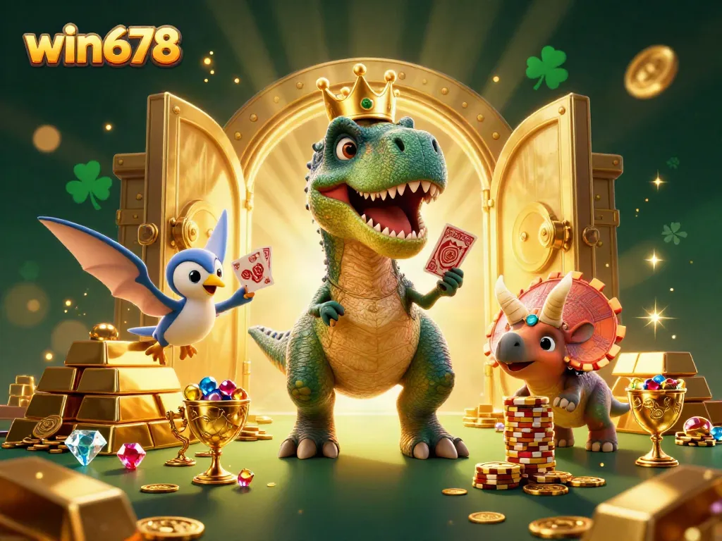win678 T-Rex and friends shuffle cards in a sparkling casino scene filled with treasure and gems.