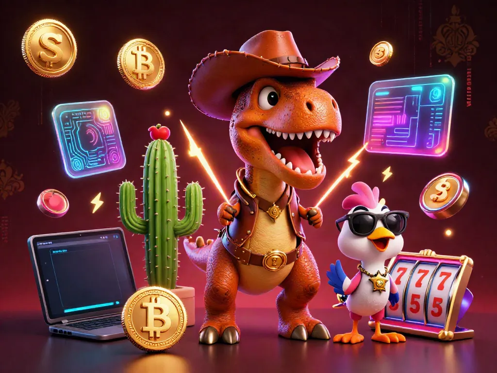 Spin the reels and jackpot win at S8 with a cartoon dinosaur and vibrant casino elements.