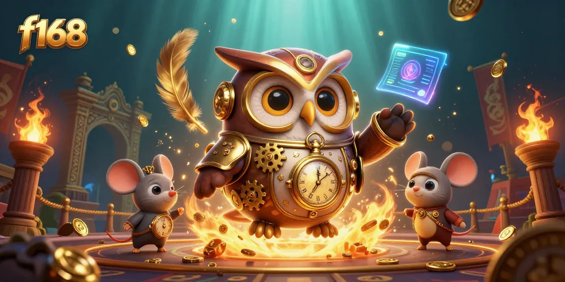 Engage in exciting gameplay at f168, featuring a steampunk owl time-traveler surrounded by lively casino elements.