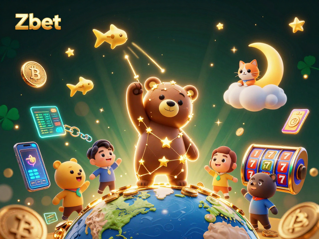 Experience thrilling gaming with Zbet, featuring a constellation bear and vibrant slot elements.