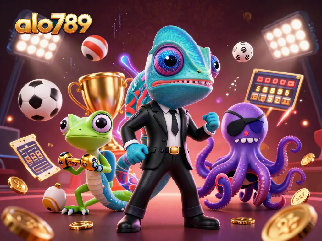 alo789 showcases a vibrant casino scene featuring a Bond-style chameleon, tech gecko, and octopus in action with sports elements