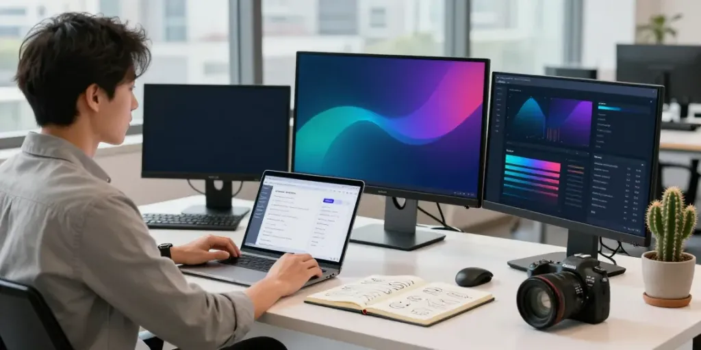 Marketing manager advertising software to businesses with analytics and creative mock-ups in a bright office.