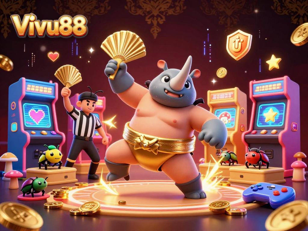 Vivu88 brings action to life with a rhinoceros beetle sumo champion in a vibrant casino scene.