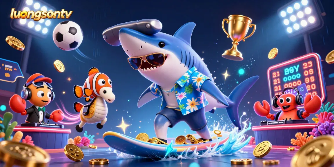 luongsontv showcases a vibrant scene with a hammer-head shark surfing gold coins, emphasizing sports betting excitement