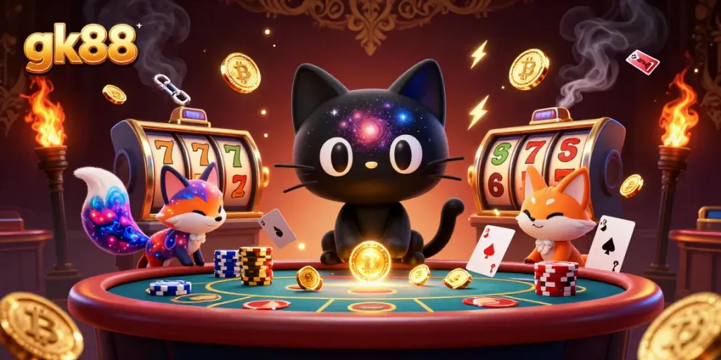 Bet on gk88 with a cosmic theme featuring a black hole cat and vibrant casino elements.