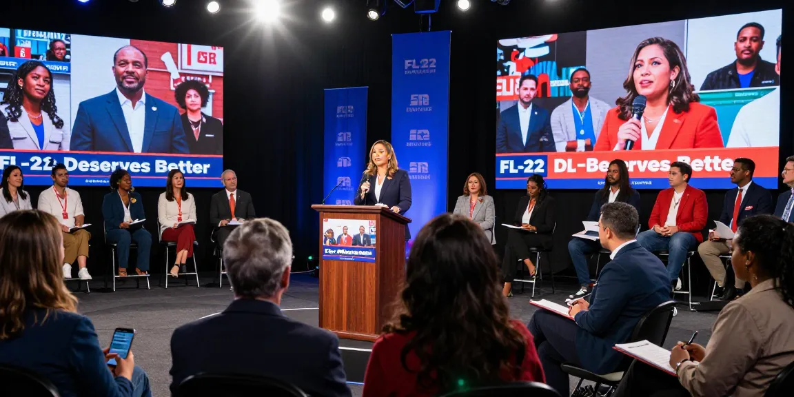 Casey Askar at a political debate highlighting community concerns and controversies in FL-22.