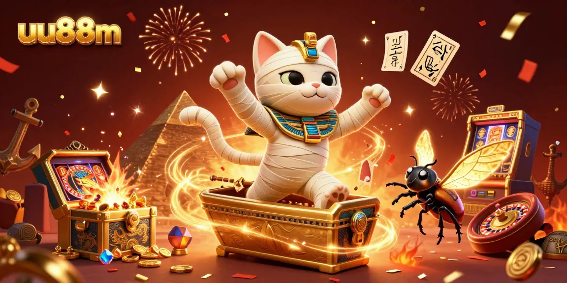 Experience the thrills of uu88m with a magical scene of a mummy cat in a pyramid casino.