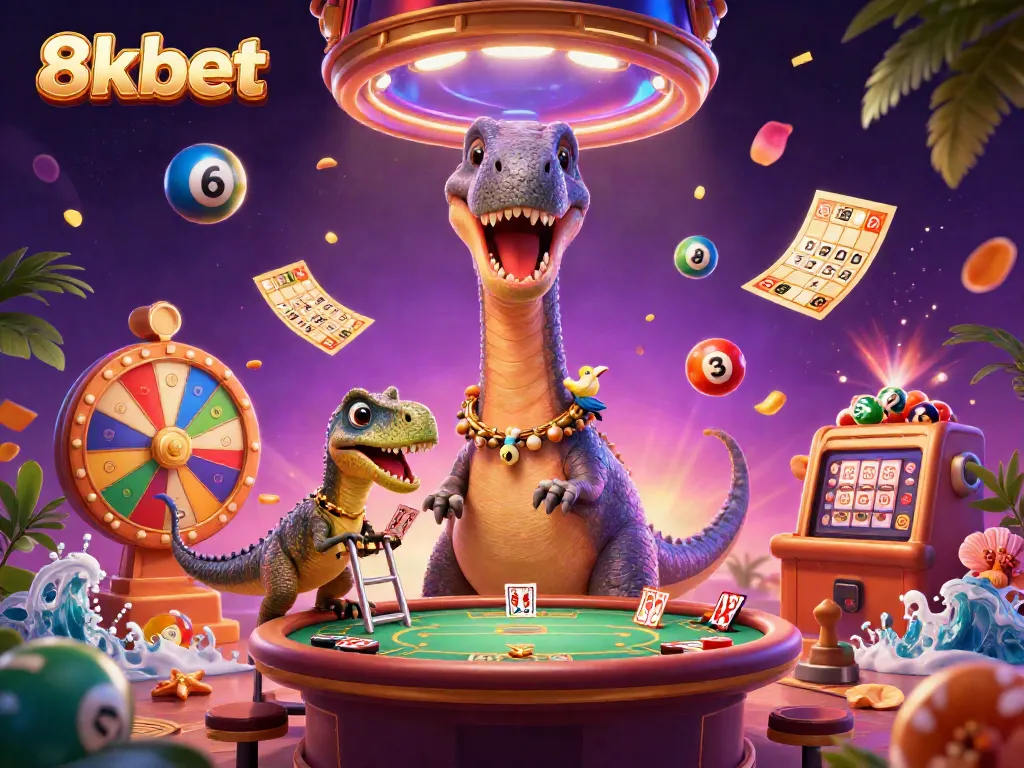 Engage with 8xbet in a vibrant casino scene with lottery balls and card games in a colorful digital art illustration.