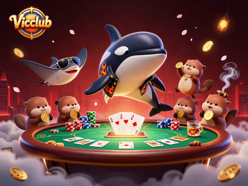 Vicclub showcases a lively casino scene with a dynamic orca biker, a cool stingray, and otters with coins.