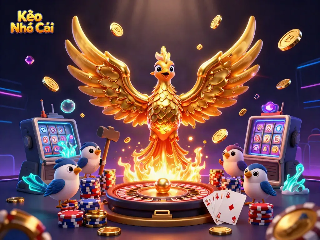 Betting on Kèo Nhà Cái with a fantasy scene of a molten metal phoenix and vibrant casino elements.