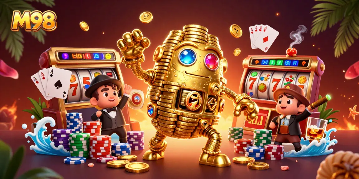 M98 showcases an ancient golden golem amidst vibrant slot reels and poker chips, emphasizing winning energy.