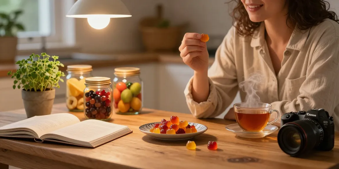 Enjoying cbd gummies in a cozy kitchen, surrounded by organic fruits and wellness elements.